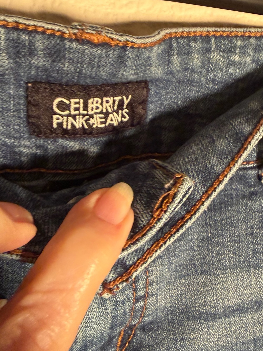 Celebrity Pink Denim Shorts Blue Distressed Copper Stitching - Picture 6 of 11
